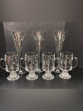 Princess House Clear Etched Floral Stemware and Footed Mugs